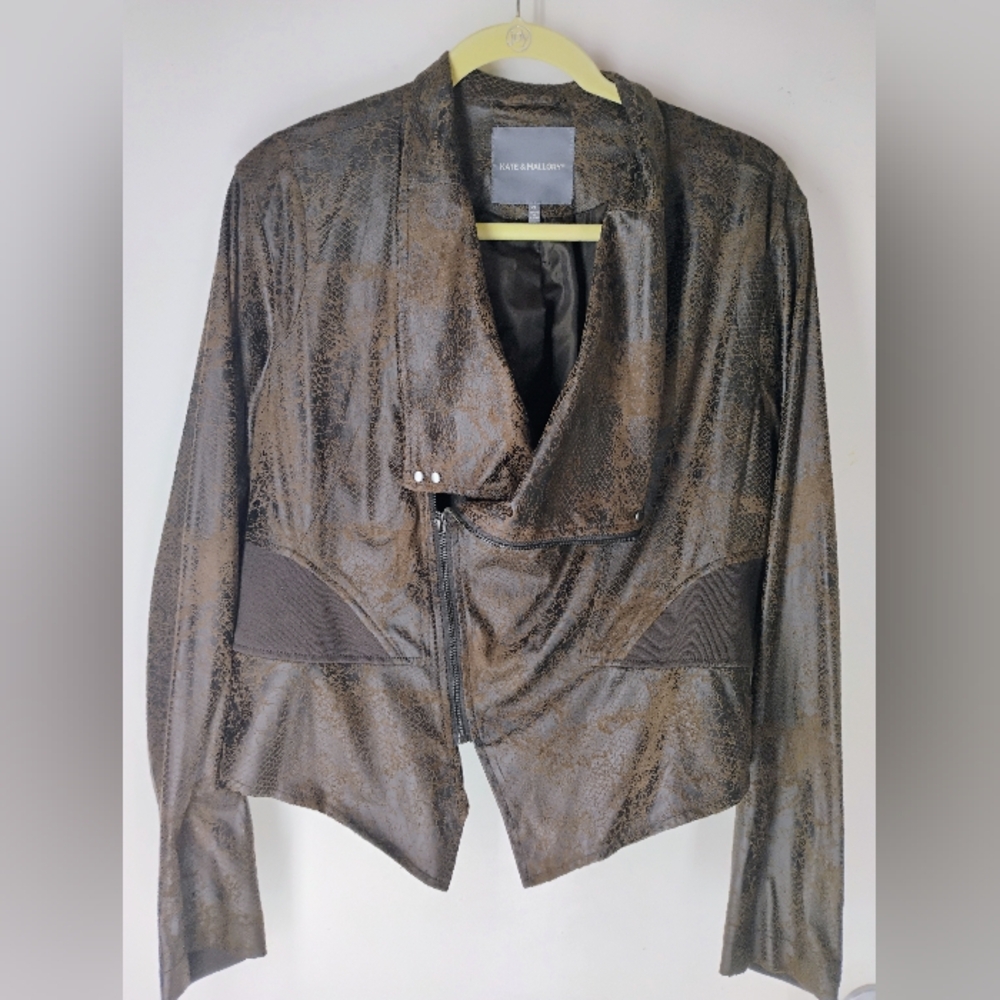 Kate & Mallory Brown Faux Leather Jacket Asymmetrical Design